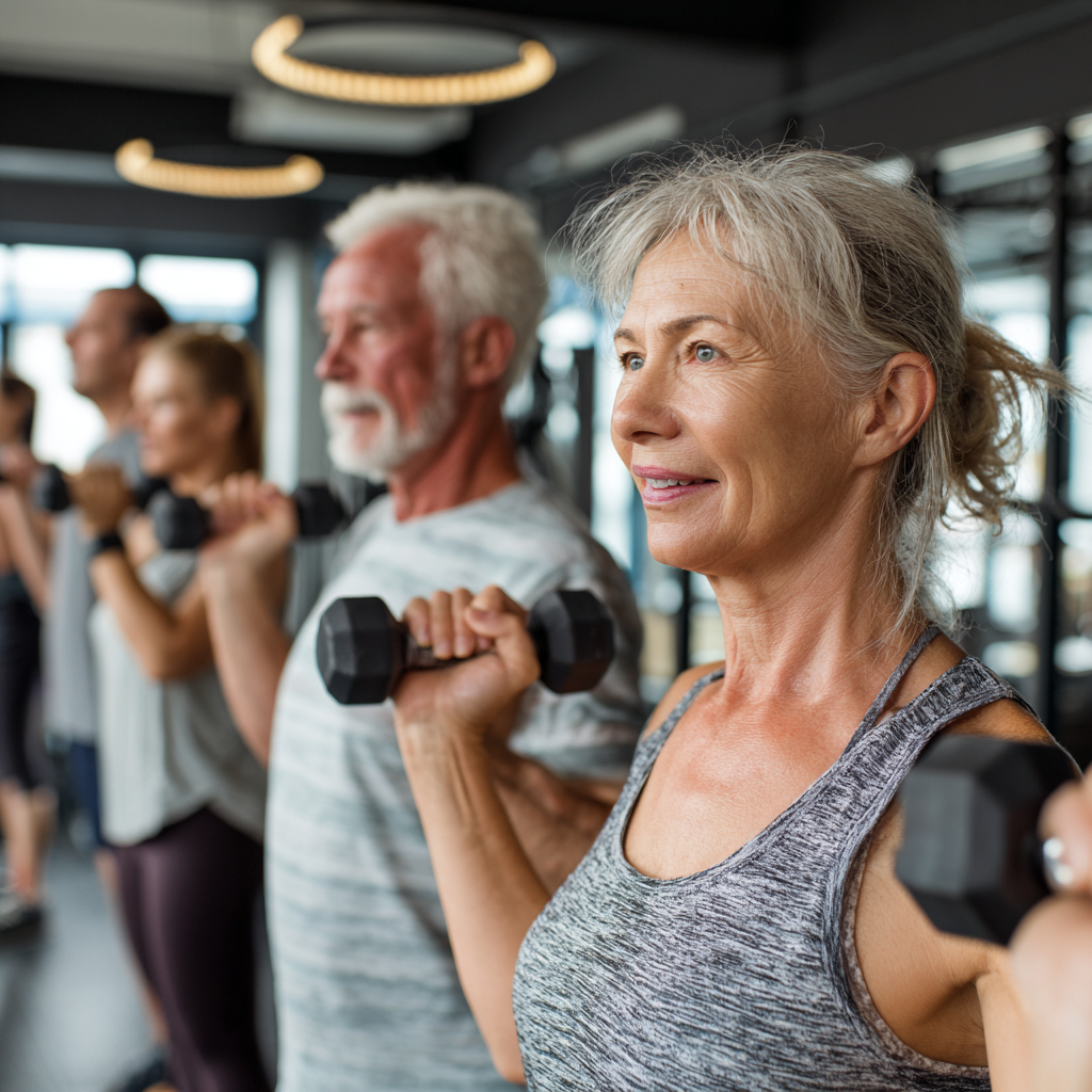 Група активних людей віком 50-60 років виконує силові вправи в сучасному фітнес-залі