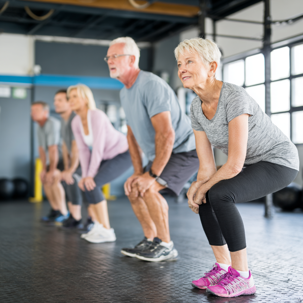 Група людей віком 50-60 років виконує функціональні вправи разом з тренером