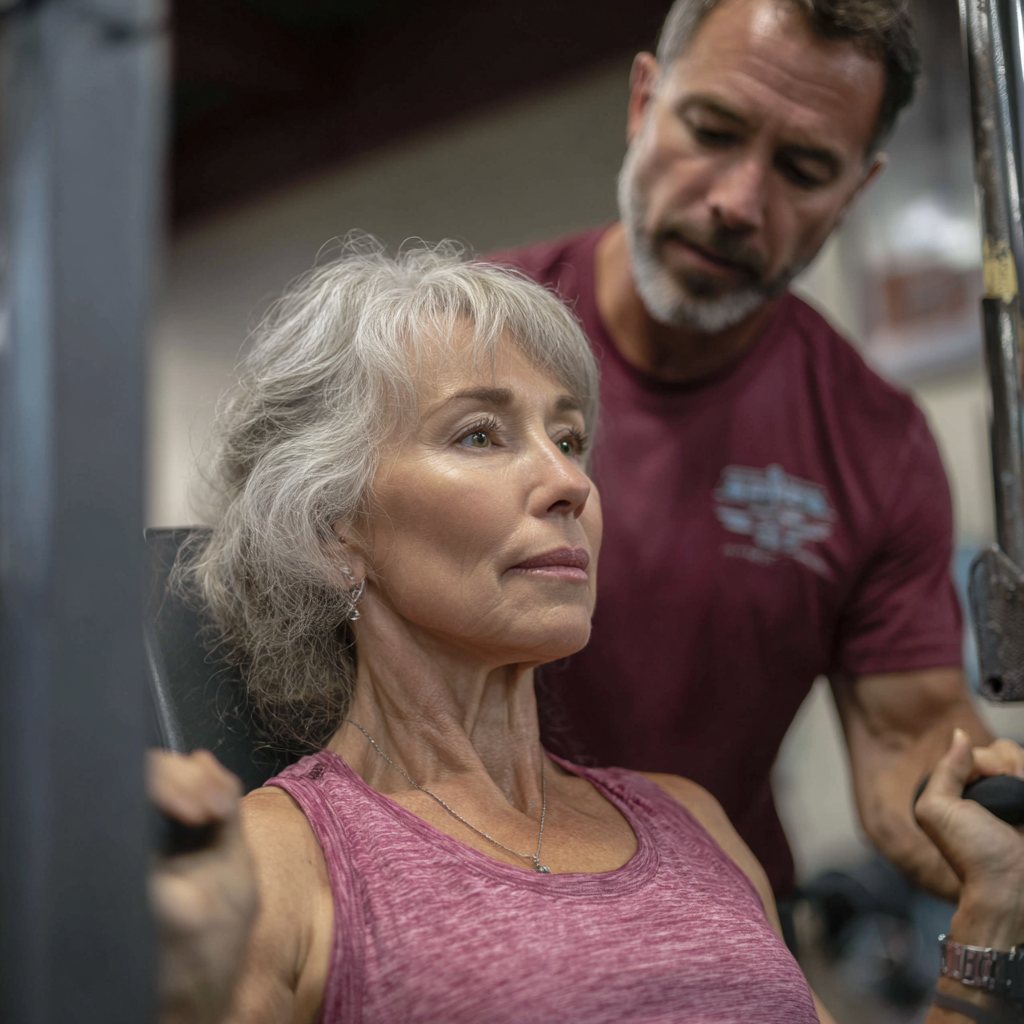 Персональний тренер працює з жінкою віком 55 років в індивідуальному порядку